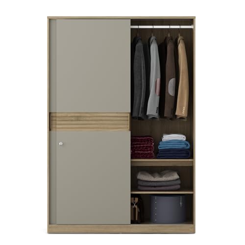 Image of Spacewood Olivra 2 Door Sliding Wardrobe | Santana Oak & Modern Ash Finish | Engineered Wood Almirah with Multiple Shelf & 1 Hanging Spaces | Bedroom Cupboard Almari | 3-Year Warranty