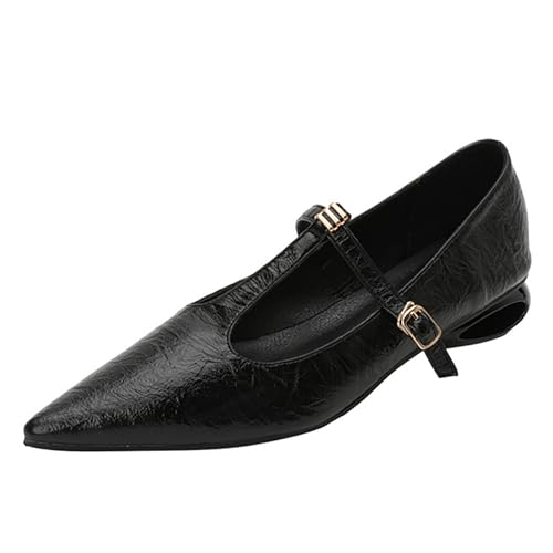 Women's Pointed Toe Low Chunky Heel T-Strap Mary Janes with Ankle Strap Buckle Fashion Pu Comfortable Cut Out Low Block Heel Non Slip Wedding Dress Pumps Casual Office Work Formal Shoes