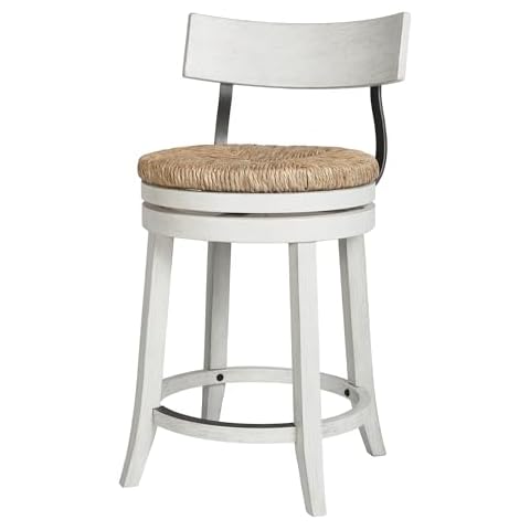 New Ridge Home Goods Farmhouse 26" Wood Counter-Height Bar Stool with Natural Seagrass Seat, Reclaimed White Cover