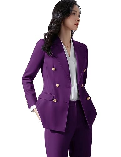 Purple Women' Suit 2 Piece Double Breasted Blazer Pants Suit Set for Wedding Business Pantsuit for Work 2