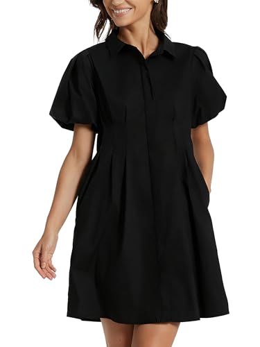 Image of D-Sun Women's Short Puff Sleeve Shirt Dress Button Down Pleated Mini Dress Casual Short Dresses