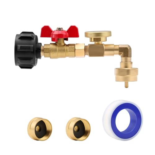 Roastove Propane Adapter 1lb to 20lb, QCC1 Propane Refill Elbow Adapter with Gauge and ON-Off Control Valve for 1LB Propane Tank to Be Refilled Gas,with 2 Propane Bottle Cap and 1 Sealing Tape