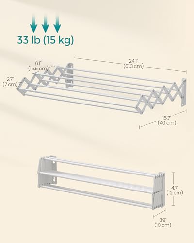SONGMICS Clothes Drying Rack, Wall-Mounted Drying Rack Clothing, Accordion Laundry Rack, 9 Staggered Hanging Rods, Expandable and Retractable, Steel, Cloud White ULLR806W01