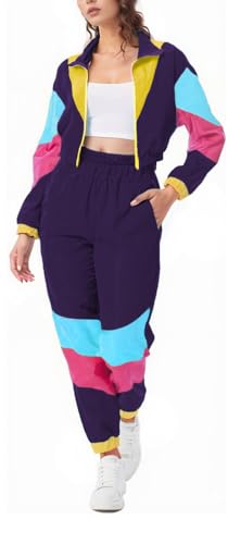 Bealin Women's Color Block 2 Piece 80s 90s Windbreaker Outfits Long Sleeve Zip Front Crop Top Tracksuit Set Purple M