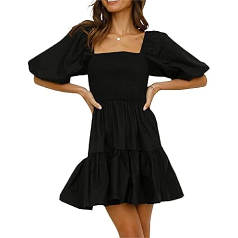 Women Puff Sleeve Mini Dress Loose Swing Tunic Dresses Ladies Ruffle Short A Line Beach Sundress (Puff Black, Medium) Cover
