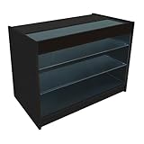 Schwarze LED-Ladentheke K1200 – Abschließbare Schiebetüren I 2 Schlüssel – Verkaufs- & Aufbewahrungseinheit mit Glasvitrine – Empfangstresen für Kleidung und Schmuck – 3 Regale – Kaltweiße Beleuchtung