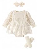 JiAmy Baby Mädchen Langarm Strampler Tüllkleid Baumwolle, Blumen Spitzen Neugeborene Prinzessin Tutu Kleidung 3-teiliges Outfit Set mit Stirnband Socken für 3-6 Monate, Beige