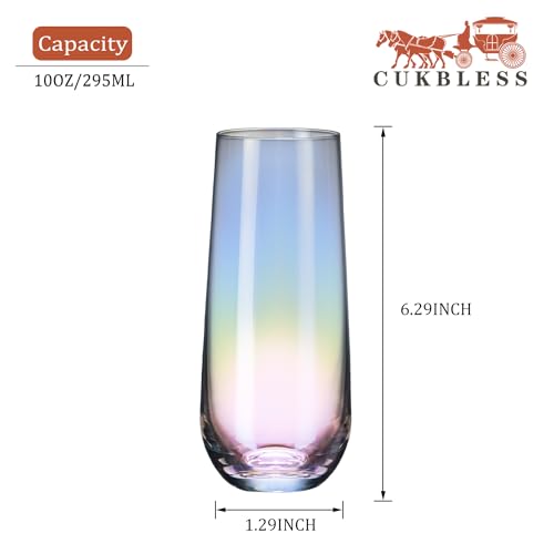 CUKBLESS Stemless Champagne Flutes Set of 6, Crystal Champagne Glasses 10oz, Iridescent Hand Blown Glasses, Perfect for Wedding Party