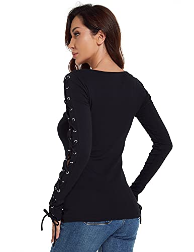 AmélieBoutik Women Boatneck Lace Up Trim Long Sleeve Blouse3