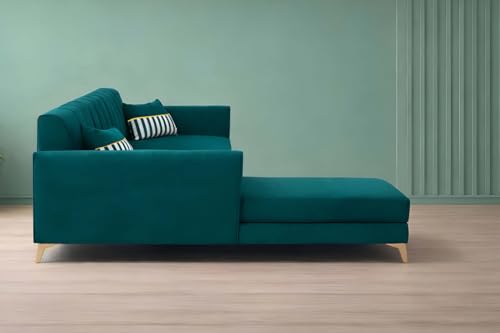 Image of Adorn India Premium Luster 6 Seater L Shape Sofa Set | Velvet Suede Fabric | 3-Year Warranty | LHS |Color Ocean Blue with Golden Legs & Striped Pattern Cushion