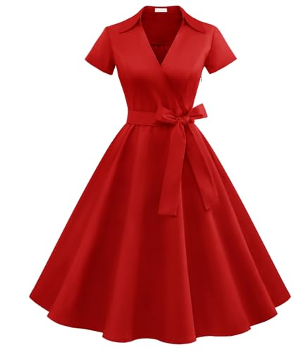 Timormode klänning 50-tal Audrey Hepburn Rockabilly Swing, veckad kortärmad klänning, Färg: röd, S