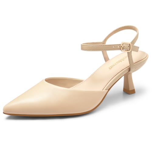 Image of MaxMuxun Kitten Heels for Women Pointed Toe Pumps Ankle Strap Kitten Heels 2.7 Inch Wedding Party Dress Shoes