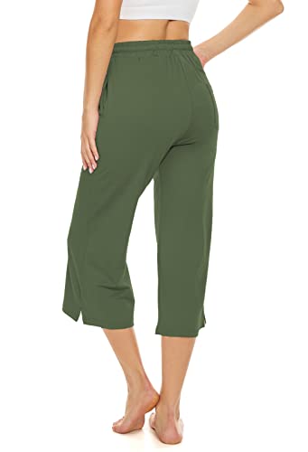 Bathrins Womens Wide Leg Capri Pants Drawstring Loose Sweatpants Comfy Lounge Pajama Capris With Pockets Army Green #TOP3