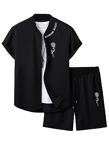 COZYEASE Men's 2 Pieces Floral Letter Graphic Print Button Front Short Sleeve Shirt Top and Shorts Set