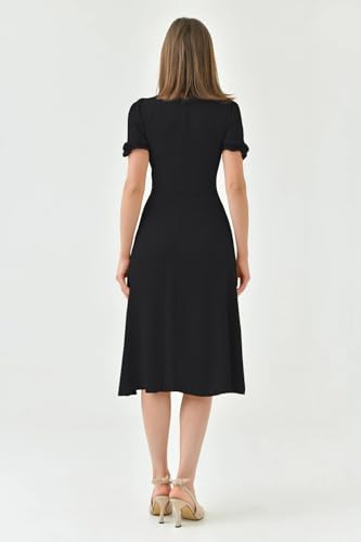 Image of Shasmi Girl's & Women's Solid Midi Dress - Elegant Square Neck Button-Down Dress with Puff Short Sleeves | Stylish Casual & Party & Office Wear Outfit (Dress 105)