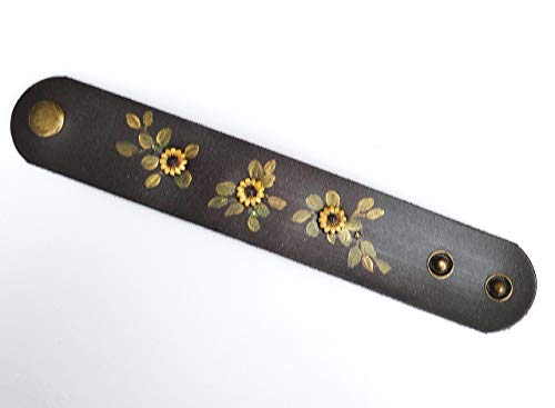 Goddess Arts Collection Hand Painted Sunflower Studs Adjustable Brown Leather Hippie Boho Cuff Bracelet Bohemian Jewelry For Women #TOP2