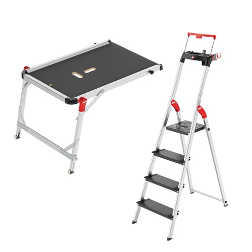 Hailo Stehleiter L100 Topline im Set mit TP1 Treppenpodest - klappbare Aluleiter mit 4 XXL-Sicherheits-Stufen - Arbeitsplattform mit stabilem Rahmen aus Aluminium - belastbar bis 150 kg