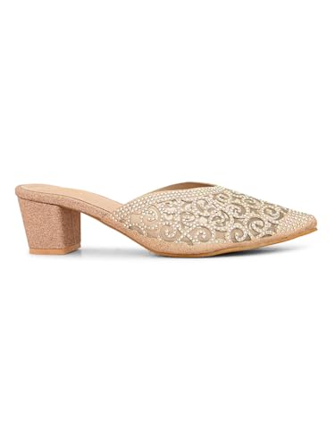 Image of XE Looks Women's Rhinestone Embellished Pointed Toe Mule Heels | Soft Cushioned Insole | Comfortable Stylish Slip-On Block Heel Sandals for Girls & Women