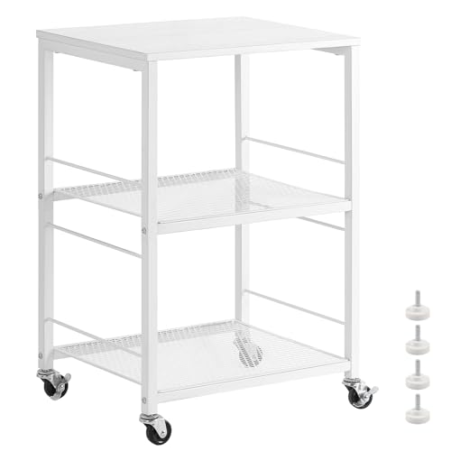 smusei Table d'appoint blanche à 3 étages - Petite table de chevet avec roulettes - Support d'imprimante - Table basse pour cuisine, chambre à coucher, salle de bain,...