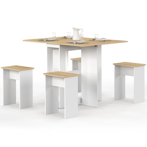 IDMarket - Mesa consola plegable EDI para 2-4 personas en madera blanca y tablero de haya con 4 taburetes