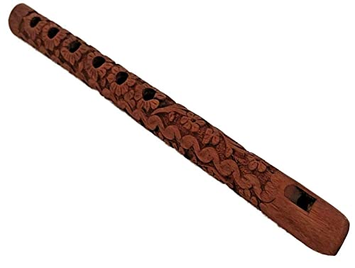 Sharvgun Woodwind Musical Instruments Flute Wooden Traditional Hand Carved Basuri Brown Colour 1 Piece Indian Floral Pattern