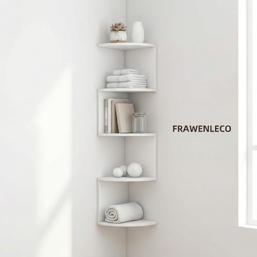 FRAWENLECO Eckregal ohne Bohren, Wandhalterung, 5-stöckiges schwebendes Eck-Bücherregal mit Haken, platzsparendes Zick-Zack-Pflanzenregal für Schlafzimmer, Wohnzimmer, Badezimmer, Home Office