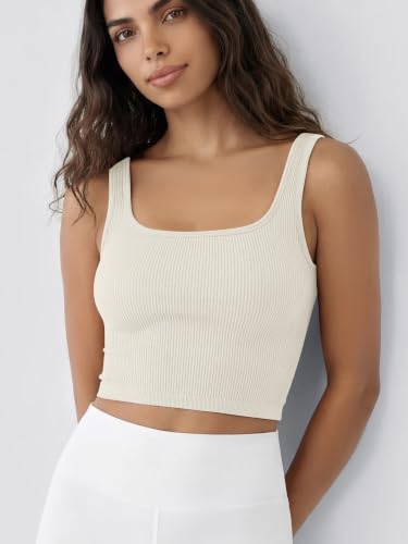 Image of ODODOS 3-Pack Seamless Square Neck Crop Tank for Women Ribbed Knit Soft Low Back Cropped Tops