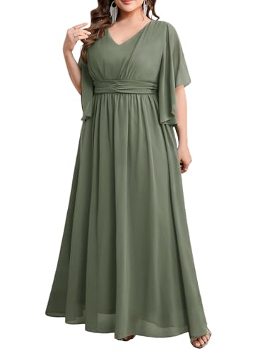 Plus Size Elegant Formal Chiffon Dress Maxi Bridesmaid Mother of The Bride Gala Evening Wedding Guest Gown, Sage Green, 3X