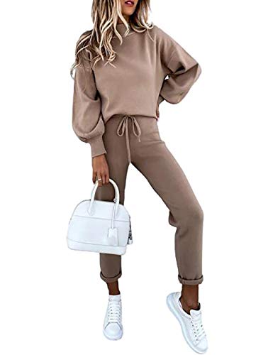 CHICME Women's 2 Piece Sweatsuit Solid Lantern Sleeve Top & Drawstring Pockets Design Pants Sets Tracksuit Khaki M