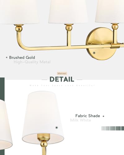 Image of Bathroom Light Fixtures, 5 Light Brushed Gold Vanity Lights with Flared White Fabric Shade, 35 Inch Wall Sconce, Modern Sconces Wall Lighting for Hallway Bedroom, VL837-BG-5