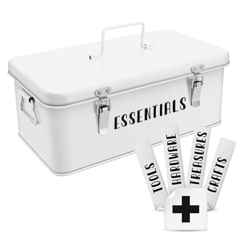 Flexzion Multipurpose Metal Storage Box - Metal Box with Lid, Handles, and Dual Latches for Medical and Tool Storage - 4 Compartments with Safety...