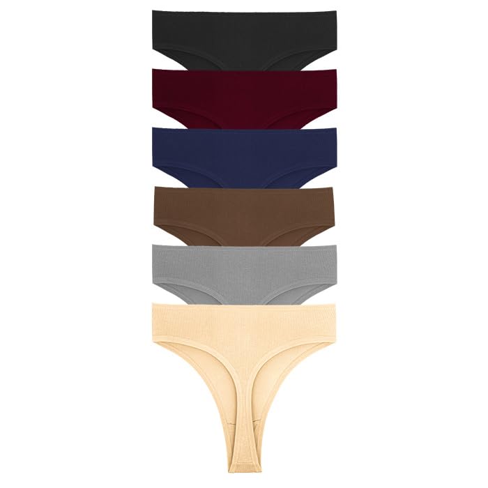 Image of 6 Pack Women's Ribbed Cotton Thongs High Waist Panties Underwear | GAREDOB 6 Pack Women's Ribbed Cotton Thongs High Waist Seamless Panties Plus Size High Rise No Show Underwear