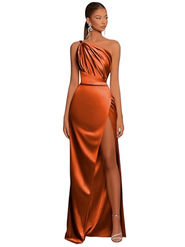 One Shoulder Bridesmaid Dress for Wedding Silk Satin Ruched Long Formal Dress with Slit