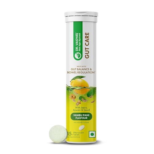 Image of Dr. Vaidya's Gut Care Effervescent Tablets | Helps reduce bloating & acidity, improves digestion, promotes gut health & regulates Bowel movement | Jeera, Ajwain, Saunf | Prebiotic & Probiotic Blend with healthy gut microbiome 15 Tablets (Pack of 1)