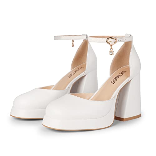 Wetkiss Women's Platform Chunky Heels Pumps White Heels For Women White Block Heels Platform Pumps White Heels Closed Toe White Platform Heels For Women Sexy Chunky Heel #TOP2