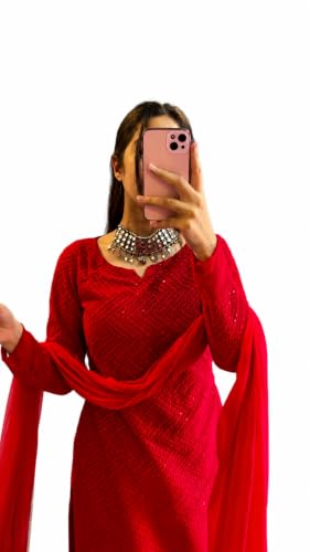 Yashika Women's Chikankari Georgette Embroidery Kurta Set with Pant and Dupatta | Traditional Ethnic Co-ord Set for Women | Office, Casual Wear