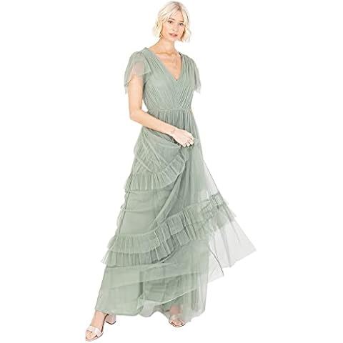 Anaya with Love Damen Ladies Maxi Dress for Women Short Sleeve Evening Ball Gown Tiered V Neck Bow Tie Bridesmaid Wedding Guest Prom Long Kleid, Frosted Green, 46 Cover