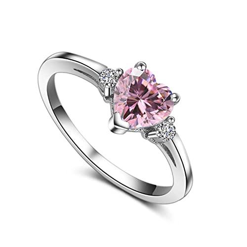 ACEFEEL 925 Sterling Silver Heart Shaped Pink Cubic Zirconia Engagement Promise Band Ring Size 7