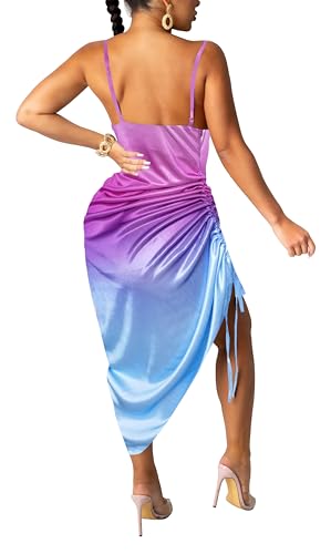 Image of Club Dress Sexy Dress for Women Wedding Party Birthday Cocktail Spaghetti Strap Satin Side Ruched Midi Mini Dress