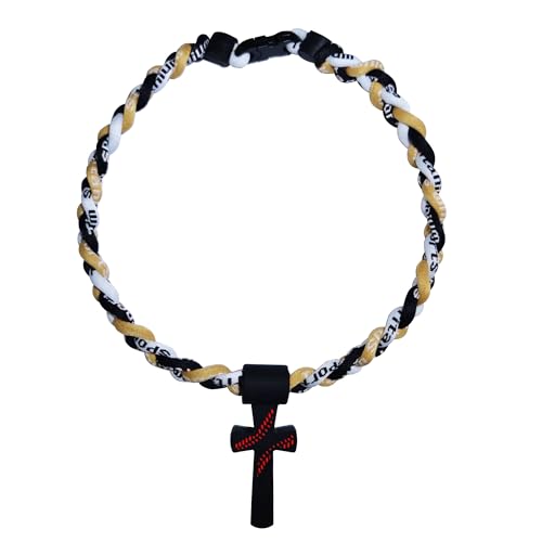 Veitlyn Baseball Rope Necklace with Silicone Cross (Gold-Black-White 18 inches)