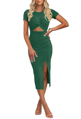 Image of oten Women's Summer Short Sleeve Cutout Twist Front Side Slit Ribbed Knit Party Club Bodycon Midi Dresses