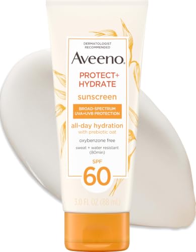 Image of Aveeno Protect + Hydrate Sunscreen Lotion for Body & Face with Prebiotic Oat, SPF 60 Broad Spectrum Sunscreen, Paraben, & Oil Free, Water & Sweat Resistant (80-min) for Sensitive Skin, 3 Fl Oz | Moisturizing