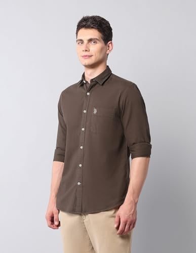 Image of U.S. Polo ASSN. Solid Slim Fit Shirts for Men - 100% Cotton, Full Sleeve Mens Casual Shirts