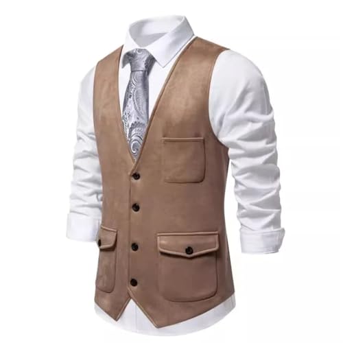 Generic Suits Vest For Men Gilet Steampunk Vintage Clothes Pocket Designer Blazer Waistcoat Khaki S