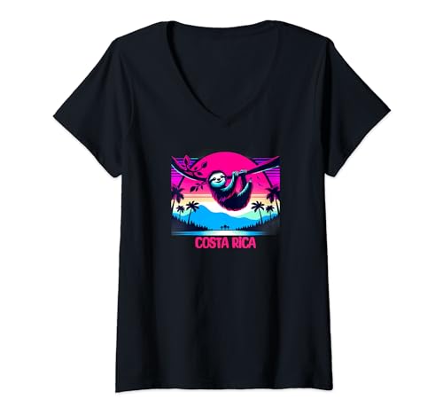 Mujer Costa Rica Perezoso Tropical Atardecer Playa Vibrante Colorida Camiseta Cuello V