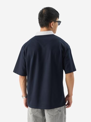 Image of The Souled Store Solid: Navy Blue Men and Boys Short Sleeves Collared Neck Cotton Oversized Polos