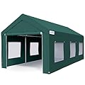 Quictent 10x20 ft Carports with Roll-up Ventilated Window,Anti-Snow Car Port Heavy Duty Car Canopy RV Carport Canopy Portable Garage Shelter Boat Shelter with 4 Reinforced Steel Cables-Green