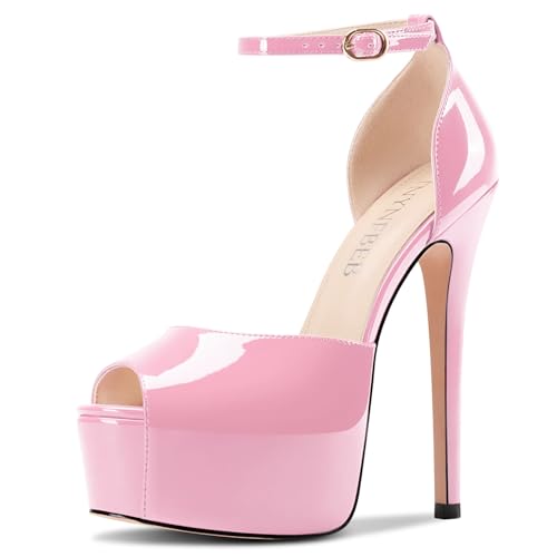 Image of TNYNFBEB Womens Stiletto High Platform Heel Peep Open Toe Sandals Ankle Strap Buckle Prom Party Dress Patent Leather 6.1 Inches Heels