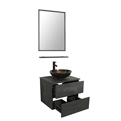 U-Eway 24 Wall Mounted Bathroom Vanity And Sink Combo,Concrete Grey Color Vanity Set With 2 Drawers,Brown Round Tempered Glass Vessel Sink Top,W/Orb Faucet,Pop Up Drain,Mirror Inc #TOP1