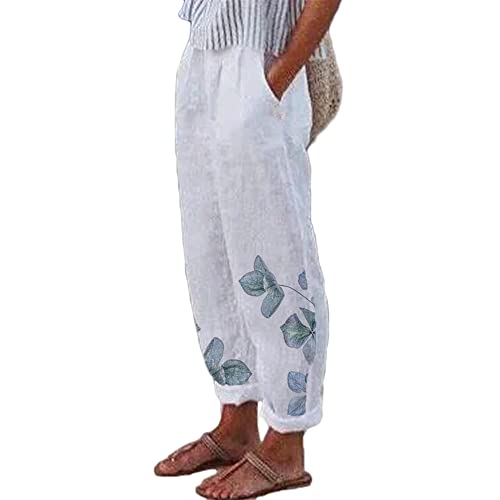 Soulolo Leinenhose Damen Sommer Lang Hosen Damen Casual Basic Hose Weites Bein Hosen Sommerhose mit Tasche Frauen Lässige Bedruckt Casual Cover